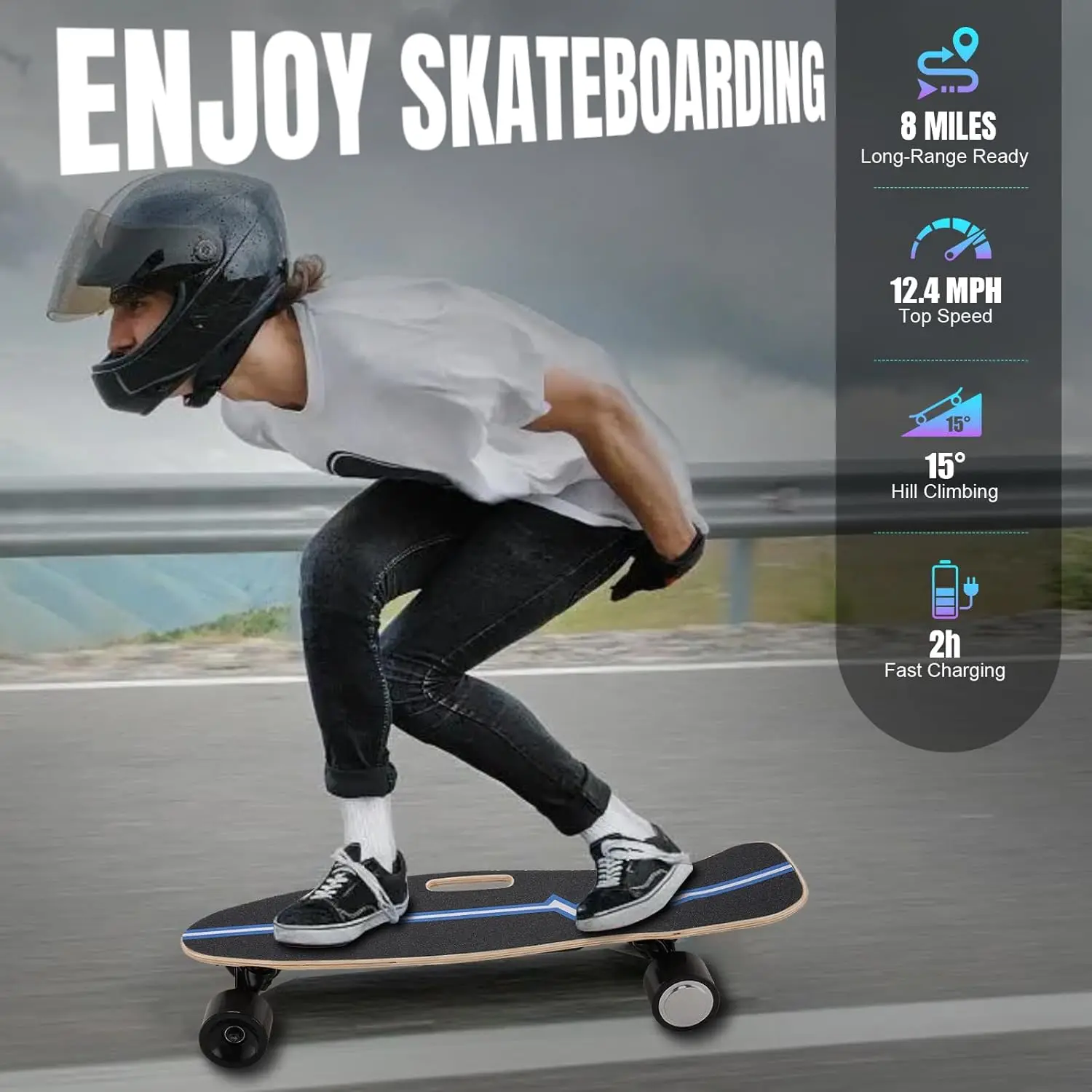 Skateboard with Remote, 350W Electric Longboard for Kids Adults, 12.4MPH Top Speed, 8 Miles Range, 7 Layers Maple, 3 Speed Gears