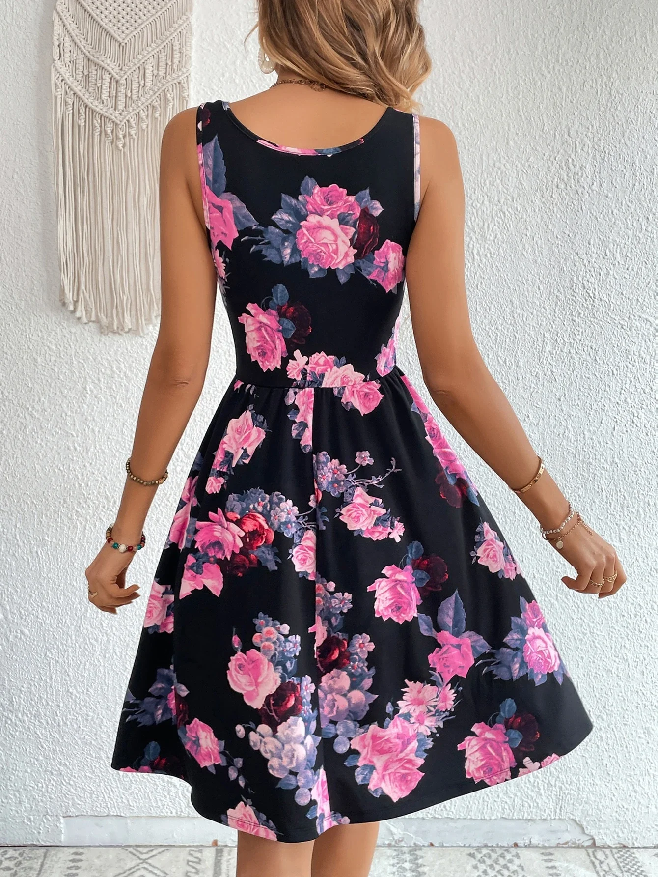 Vestido negro sin mangas con estampado floral y corte en A para vacaciones de verano, fiestas, invitados de boda, ocasiones informales o formales