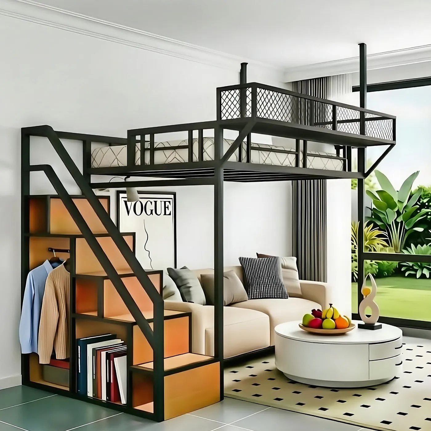 Small apartment suspended bed wrought iron  and table combination multi-functional  loft custom elevated bed sheet bed