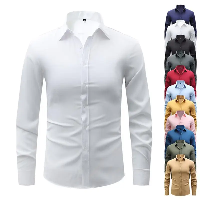 Men's Regular Fit Color Business Longsved Shirt Polyester Fiber Short Sleeve Pure Color Embroidery Logo Casual Shirt