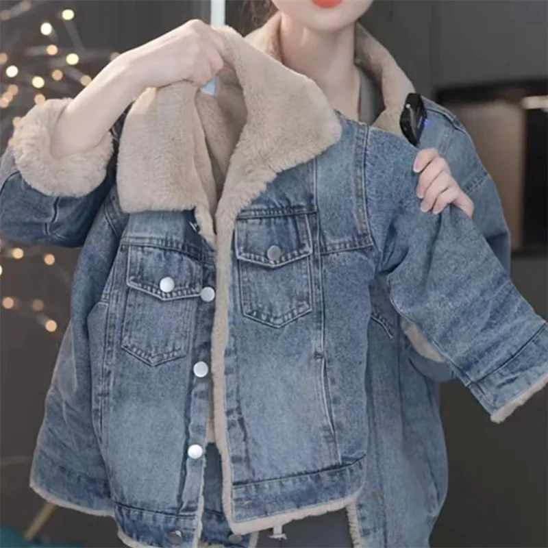 Girls Plus Velvet Thick Denim Jacket Winter Warm Padded Coat Children's Loose Lapel Outerwear New Casual Parkas 4-12 Years Old