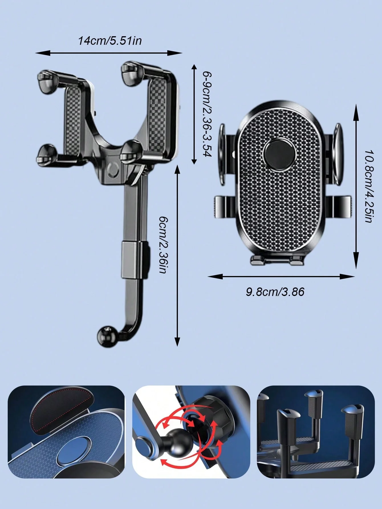 حامل هاتف مرآة السيارة العالمي – 360 °   حامل دوار لمرآة الرؤية الخلفية، رؤية غير قابلة للحجب، تشغيل بيد واحدة، قابل للتعديل S