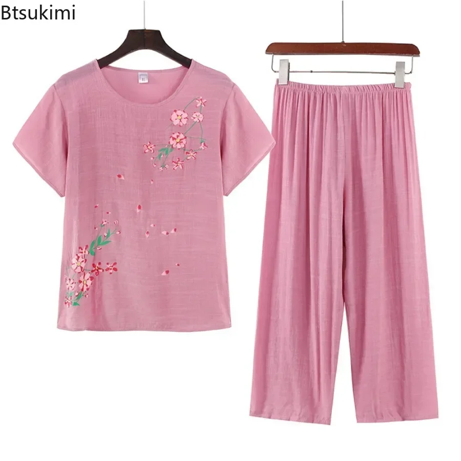 

2025 Middle Aged Women's Summer Cotton Linen Short Sleeve Two Piece Sets Ladies Pajamas Top + Pants Sets Two-Piece Set Homewear