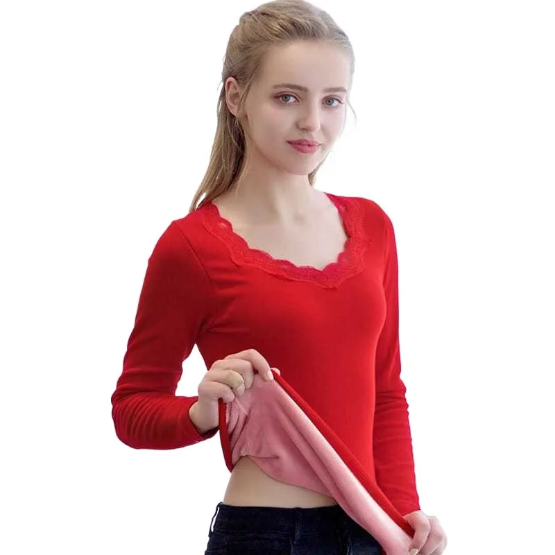 New Lace Bottoming Shirt for Women Winter Women\'s Thermal Underwear Plus Velvet V&O-Neck Basic Thermos Long-sleeved Tops Female