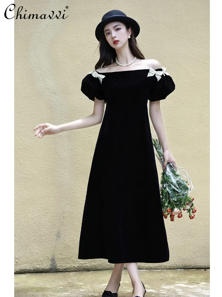 

French Temperament Retro Socialite Velvet Evening Dress Bow Bubble Sleeves High Waist A-line Black Long Dress Women Summer 2026