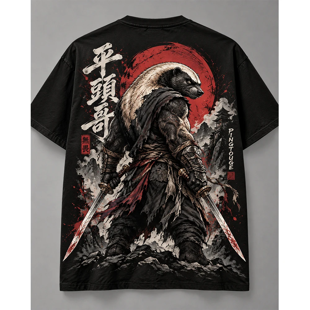 Flat Head Brother Samurai T-shirt China-Chic Ink Double Sword Honey Badger Red Sun Antique Heavy Weight Short Sleeve Men