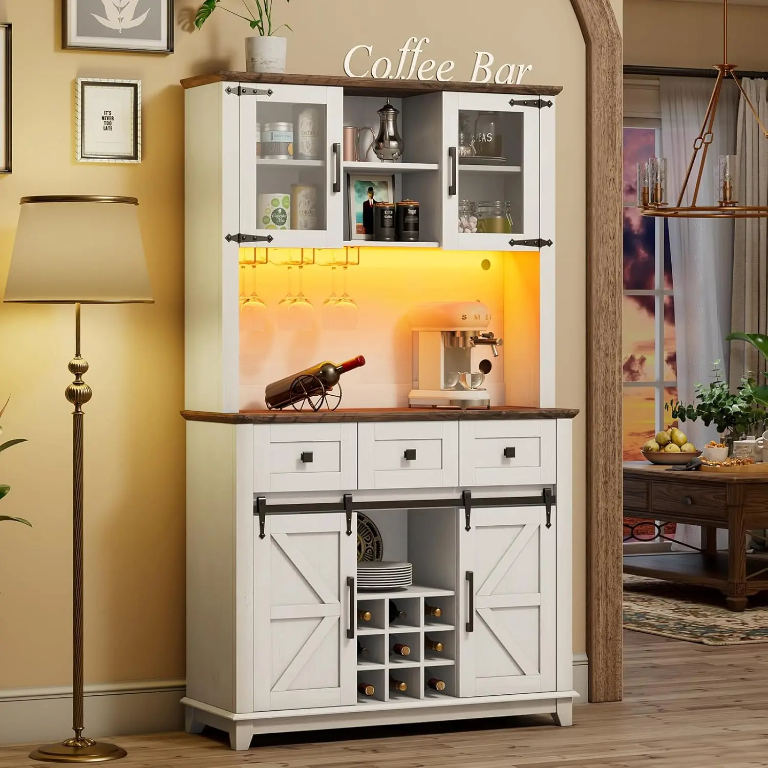 Portabottiglie da Bar da 72 "con porta scorrevole del fienile e luci a LED, mobile Buffet credenza con portabottiglie, 3 cassetti