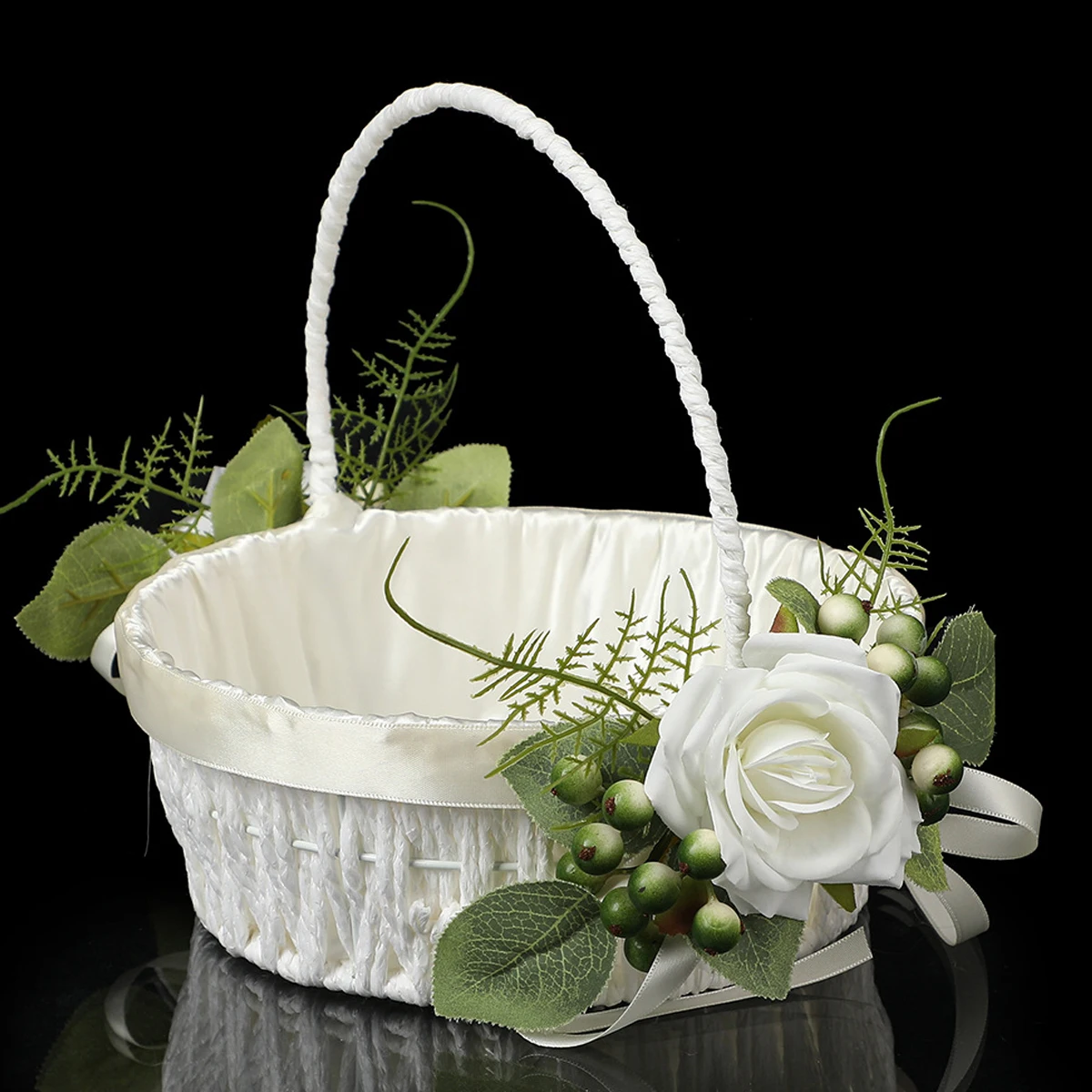 1/2pcs Woven Flower Girl Basket Decor with White Roses, Green Leaves and Berries,For Wedding Party Decor(diameter：7.87inch/20cm)