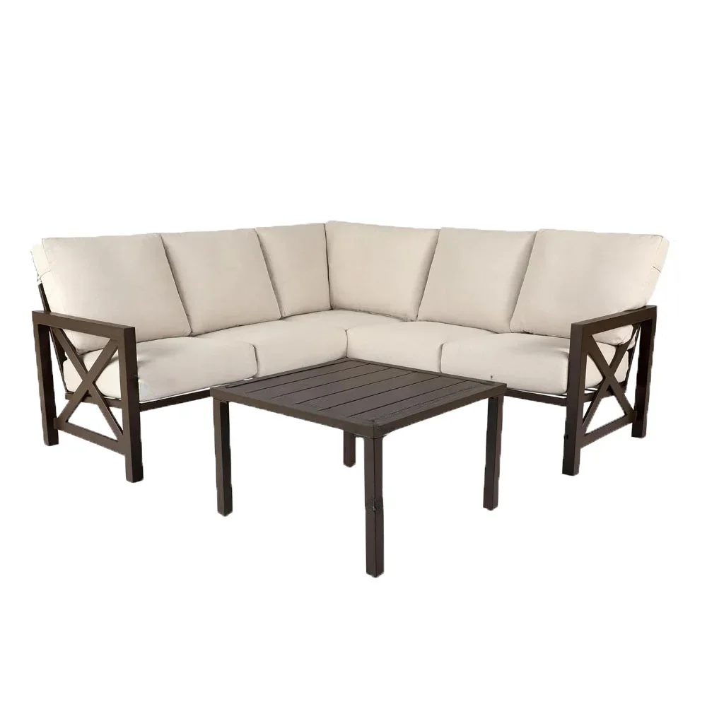 6 Piece Patio Furniture Set, Outdoor Furniture Set Terrace L-Shaped Modular Sofa Patio Set, Hand Brushed Wood