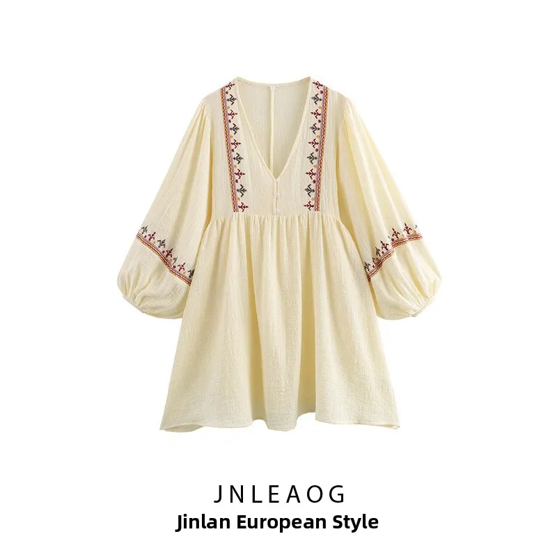 

JNLEAOG Autumn New Women's Faion Design Patchwork Embroidery ort Dr Versatile Loose Fit Lantern Sve Thin Polyester