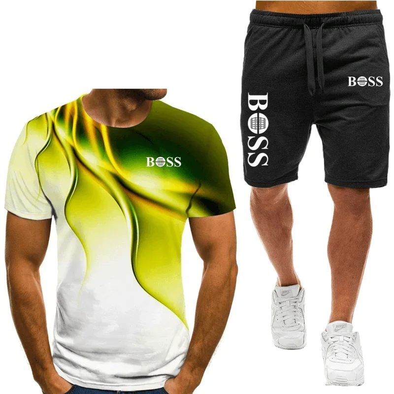 Men\'s T-shirt and shorts set, running fashion printed short sleeved sports T-shirt, summer 2024