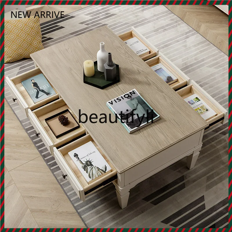 

Mediterranean Style Solid Wood Coffee Table and TV Cabinet Set for Living Room with Multiple Drawers for Small Apartments G1218