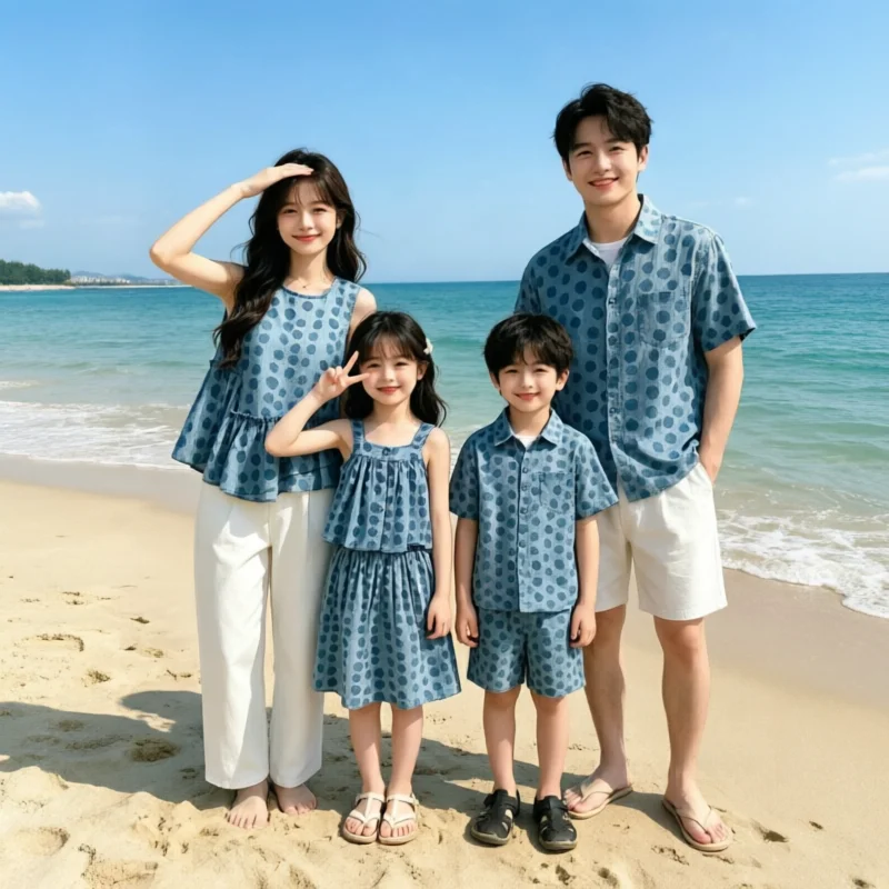 Family Matching Outfits Summer Korean Dad Mom Son Daughter Photo Shoot Sets Couple Look Casual Parent Child Polka Dot Clothes