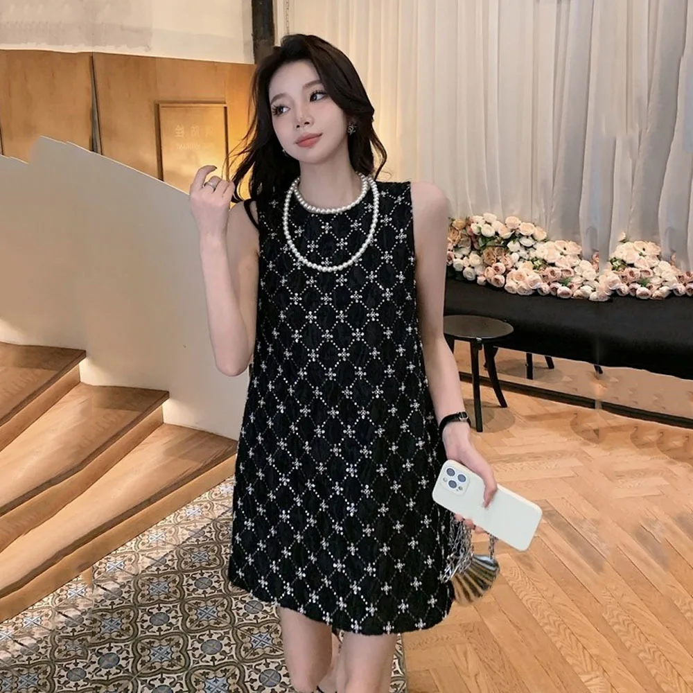 Summer One-piece Dress Vintage O-neck Black Beading Sleeveless Dresses For Women Elegant Office Lady Loose High Quality Dress