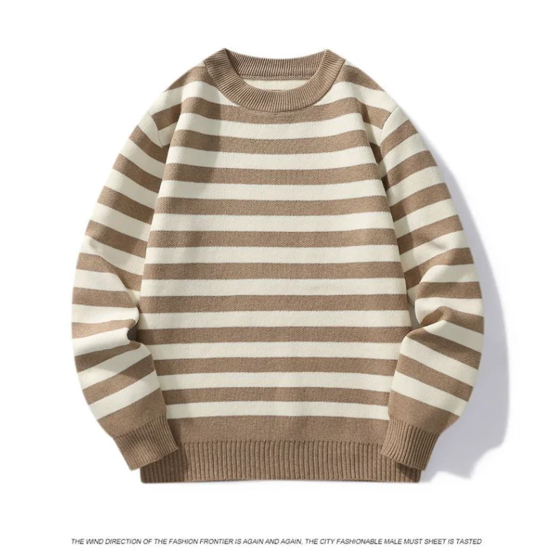 Engrossado em torno do pescoço listrado camisola masculina topo solto na moda marca tendência quente casual fundo