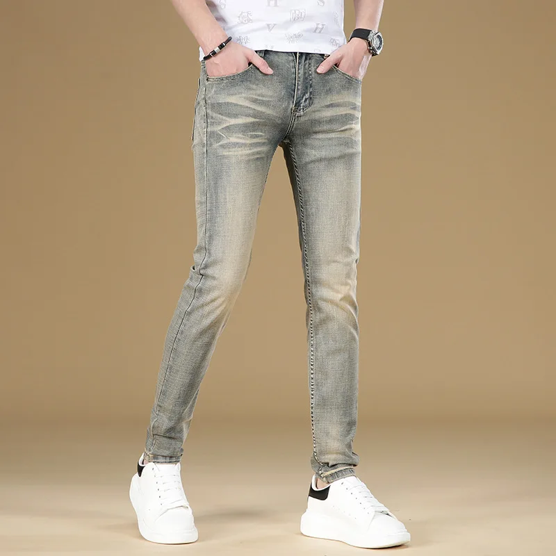 Retro Jeans Heren Eenvoudig Modemerk Slim Fit Skinny High-End Casual Stretch Gedragen Uitziende Wasen Broek