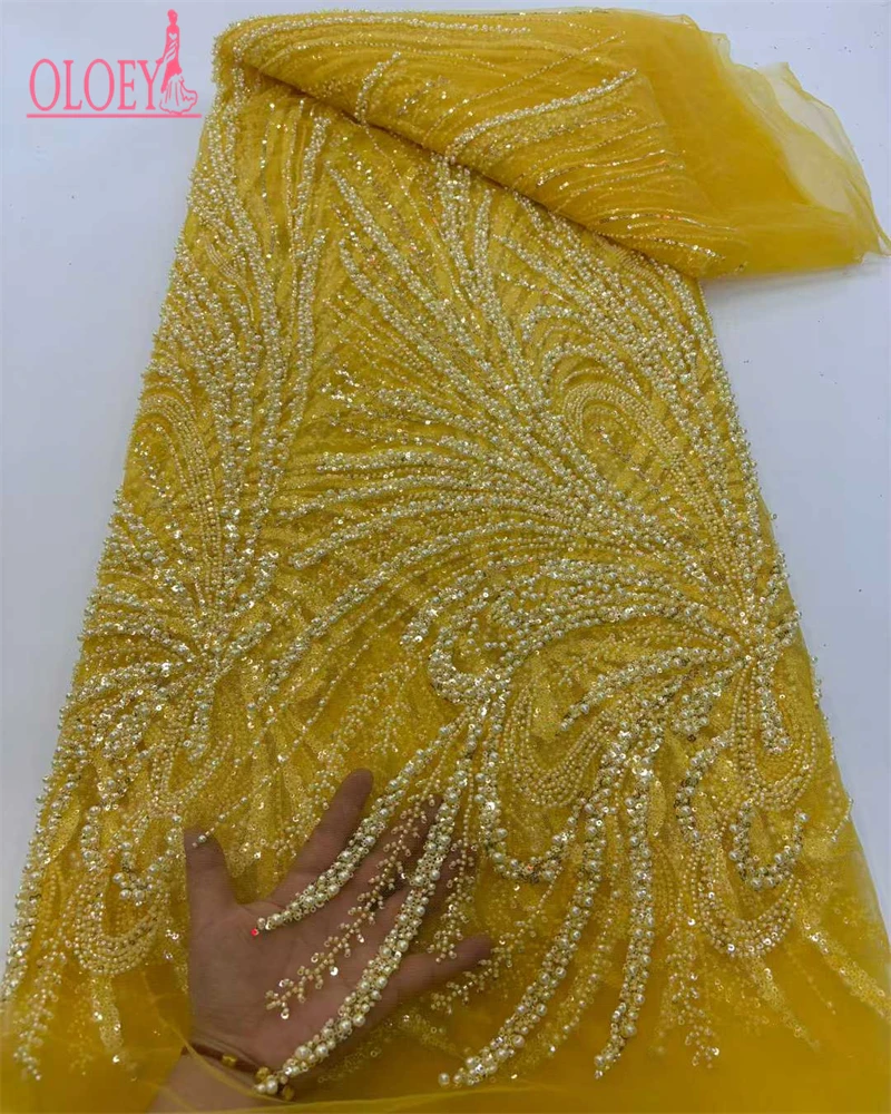 Kain Brokat Afrika OLOEY, Kain Brokat Berhias Manik-Manik Buatan Tangan, Payet Prancis, Bordir Nigeria, Kain Brokat Jala untuk Menjahit