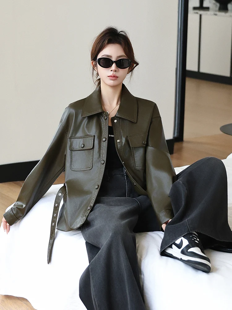 Ele ort بولي Leather الجلود السائق Jaet المرأة الخصر مقصوص الخريف مزاجه بارد عادية Sle Faionable معطف فوقي