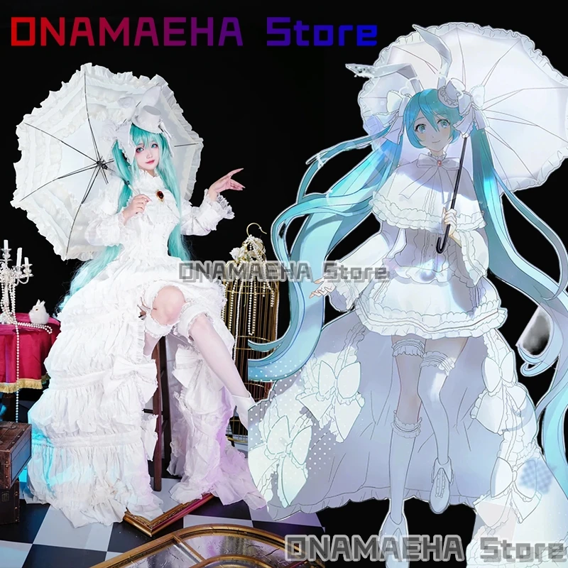 

{ONAMAEHA} Аниме Мику Косплей Белый Кролик Великолепное Платье Костюм Принцесса Лолита Платья Полный Комплект Хэллоуин Маскировка Женщины