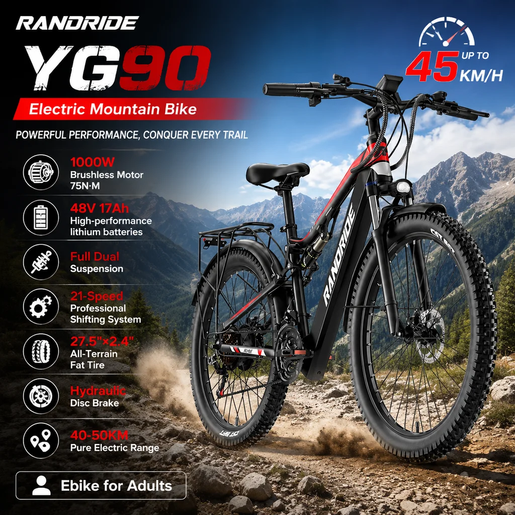 RANDRIDE YG90 Elektro-Mountainbike 1000W bürstenloser Motor 75N·M 48V 17Ah Hochleistungs-Lithiumbatterien Vollfederung 21-Gang 27,5'×2,4' All-Terrain-Fat-Tire Hydraulische Scheibenbremse bis zu 45km/h