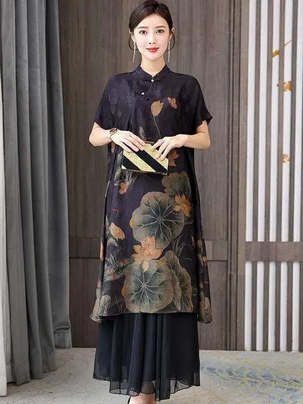 

Ms Silk Xiangyun Summer Veil Dr Women's Loose A-Line Dr Commute Sle 00% Linen ort Sve Stand Collar Ciwalk