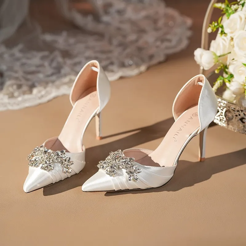 2026 model French high-heeled women's shoes - Silver-white rhinestone thin heel - Elegant lady's wedding shoes