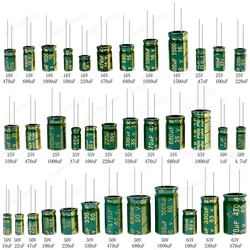 810Pcs 36Values Green Aluminum Electrolytic Capacitor set 10V 25v 35v 50v 63V 1uF-1500uF Assorted Kit High Frequency Low ESR