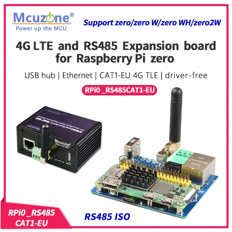 RPi0_RS485CAT1-EU, RS485 IS,CAT1-EU 4G LTE and 100Mbps Ethernet expansion board for Raspberry Pi ZERO, ZERO WH,ZERO2 W