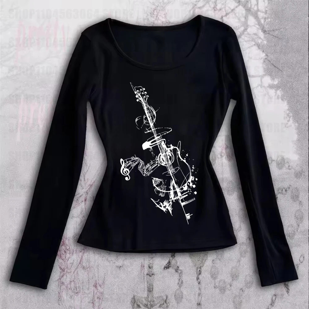 เสื้อยืดสีขาวทรงเข้ารูปสำหรับผู้หญิง ฤดูใบไม้ร่วงและฤดูหนาวใหม่ พิมพ์ลายเรขาคณิต คอกลม