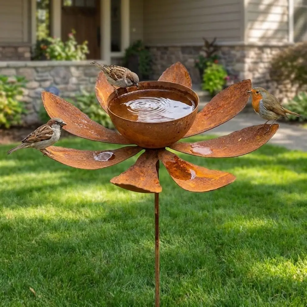 Flower Shape Metal Garden Birdbath Ground Insert Rusty Bird Feeder Standing Handmade Iron Art Butterfly Bath Bowl