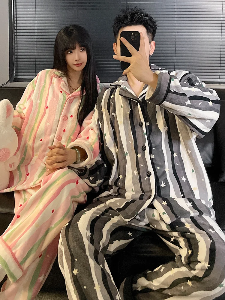 طقم ملابس نوم من DAIMELU بيجامات للزوجين مخططة للخريف والشتاء من الصوف المرجاني من الفلانيل بدلة استحمام رجالية دافئة سميكة