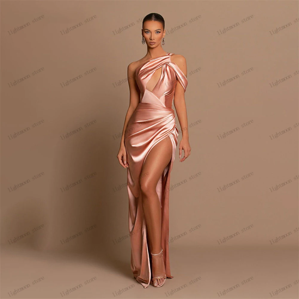 

Simple Evening Dresses Satin Pleat Prom Dress Halter Neck Sleeveless Backless High Slit Robes For Party Vestidos De Gala 2024