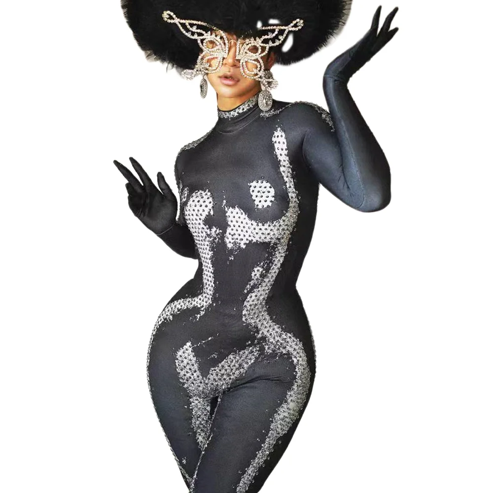 

Designer Long Sleeves Night Club Party Rhinestone Jumpsuits Women Skinny Spandex Bodysuit Dance Leotard Drag Show Show Rompers