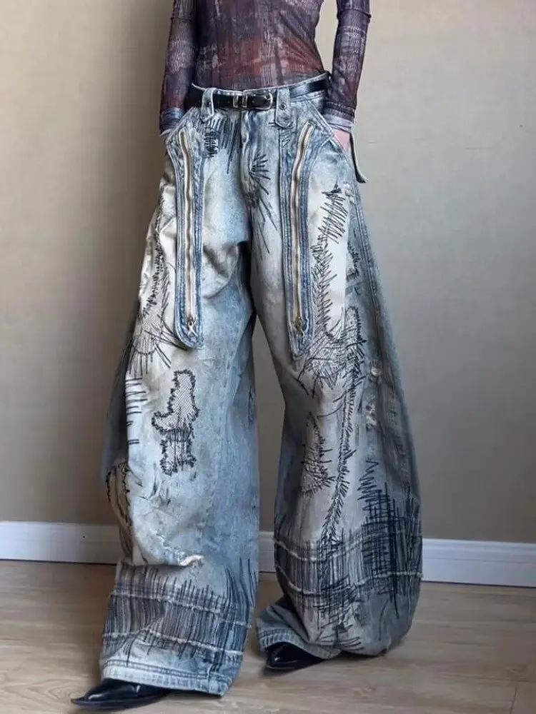 Large Size American Street Retro Washed Distressed Curved Knife Jeans Wide Leg Denim Loose Sickle Pants Y2k Baggy Jeans Woman