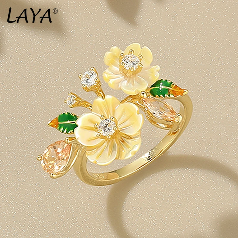 LAYA 100% 925 Sterling Silver Yellow Shell Flower Shining Colorful Zircon Handmade Enamel Designer Finger Fashion Fine Jewelry