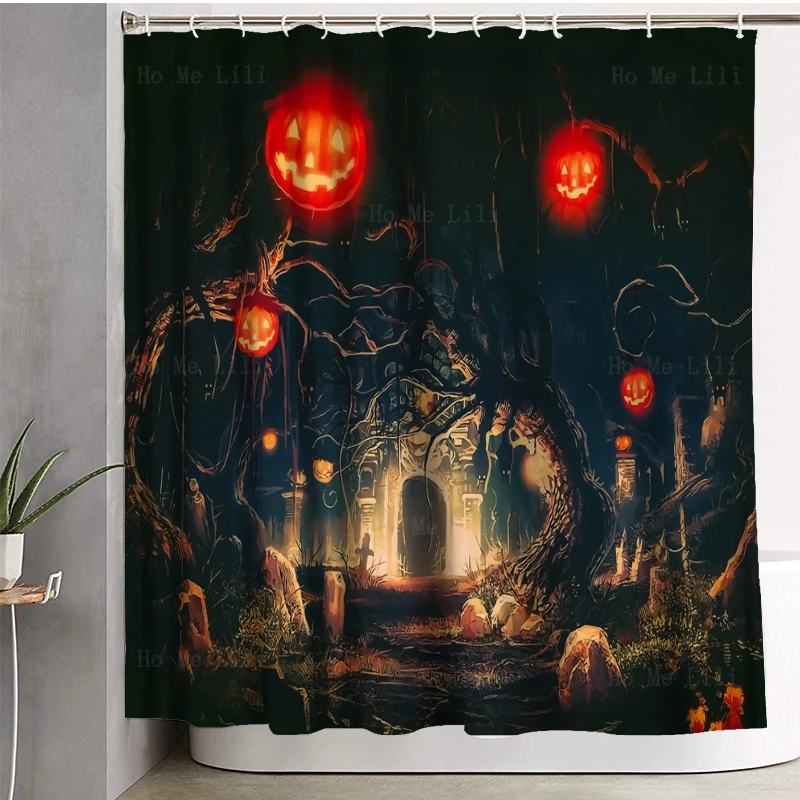 Creepy Graveyard Party Halloween Jack-o'-lantern Black Cat With Bat Witch Hat Shower Curtain By Ho Me Lili For Bathroom Decor