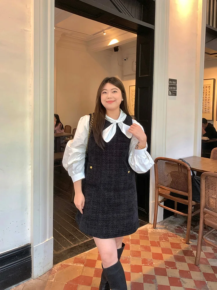 

Lin Da Hui Small Fragrance Style Bib Overalls Set Korean plus Size Women's Spring Autumn Long Sleeve V-Neck Casual Dress