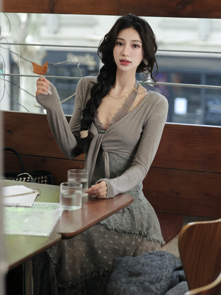 

Retro Lace Illusion Two-Piece Top Tee-Tier Asymmetrical Midi Lace f Skirt Blogger Sle French Sle Slim Fit Long Sve