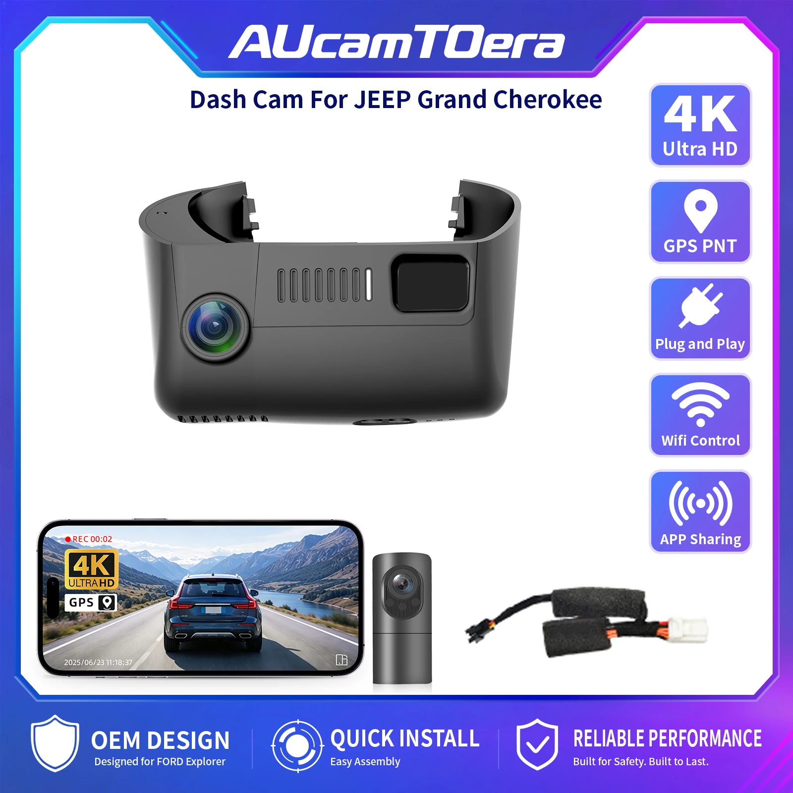 AUcamTOera WiFi & APP GPS 4K Dash Cam For Jeep Grand Cherokee Gen4 WK/WK2 & Grand Cherokee Gen5 WL L Dash Car Camera 2016-2026