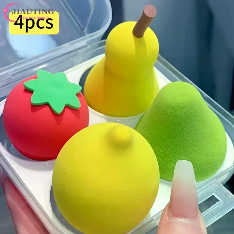 Conjunto de esponjas de maquiagem com 4 peças/caixa, formato de frutas, para base, creme, corretivo, pó, maquiagem facial, ferramentas de beleza, pera