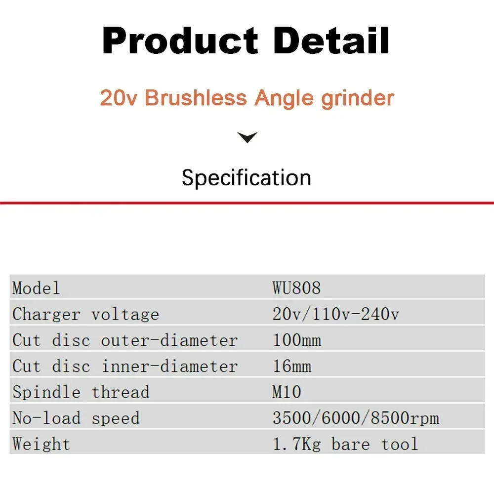 WORX Angle Grinder WU808 Bare Tool 20v 100x16mm 8500rpm Brushless Adjuastable for Polishing Cutting Sander Working Share Kress