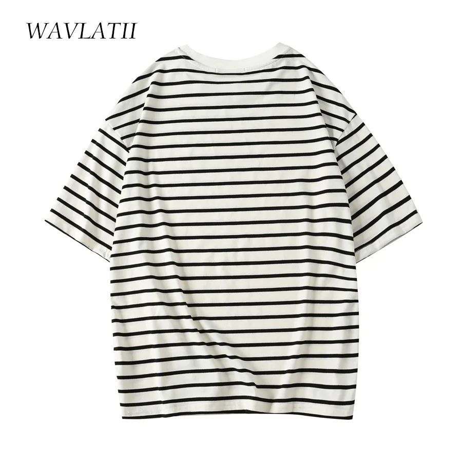 WAVLATII 2022 New Women Striped T shirts Female Cotton Spandex Elastic Casual Short Sleeve Tees Lady Fashion Summer Tops WT2272