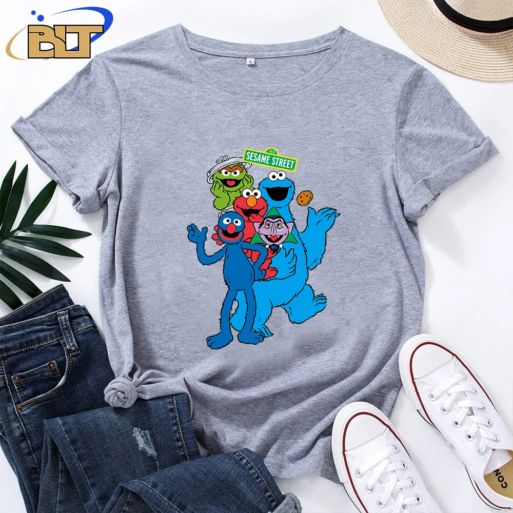 Sesame Street Printed Women's T-Shirt Casual Top Grey Cotton Short Sleeve