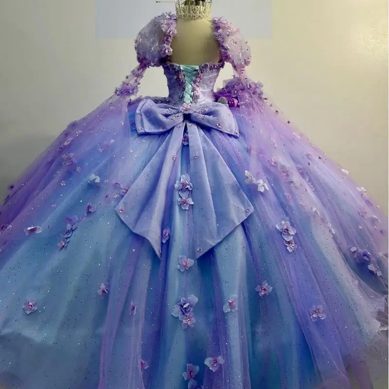 Custom Made Luxury Princess 16th Girl Quinceanera Dresses With Sleeve 3D Floral Bow Puffy Vestido De XV Anos Party Prom Dress