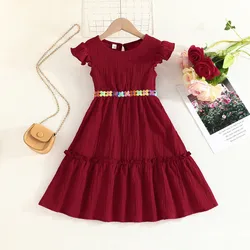 Dress For Kids 2-8 Years old Birthday Maroon Ruffled Sleeveless Princess Dresses Ootd For Baby Girl