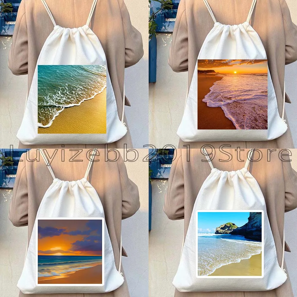 Ocean Waves Sunshine Beach Sunset Sunrise Landscape Palm Trees Watercolor Painting Drawstring Bags Soccer Backpack Gym Sackpack