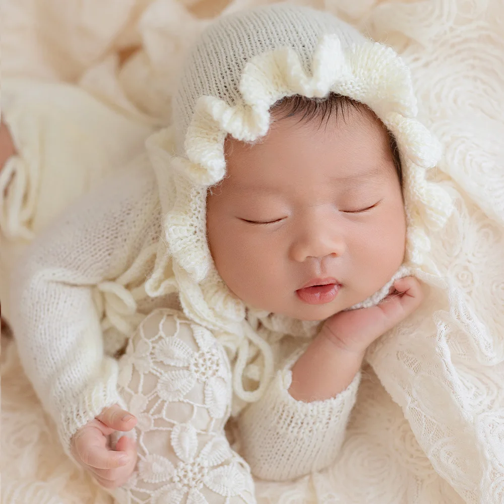 Body de malha de manga comprida para bebê, conjunto de chapéu enrolado de crochê, roupa para fotografia de recém-nascido, flor, fundo de renda, cobertor, adereços de estúdio