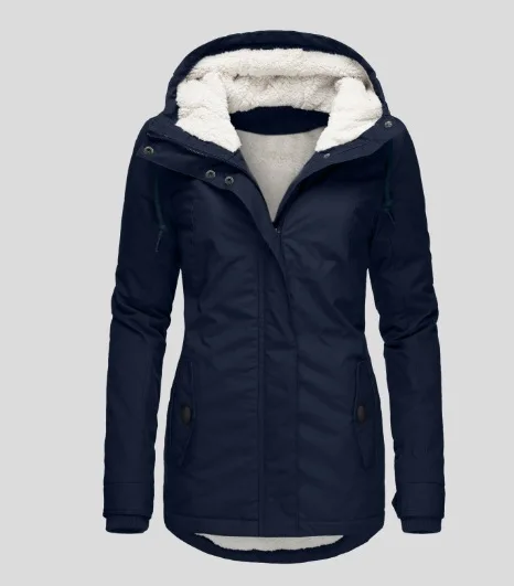 المرأة وصول جديدة أزياء الصلبة اللون مقنعين طويلة الأكمام جيب سستة الصوف مبطنة سترة القطن الدافئة