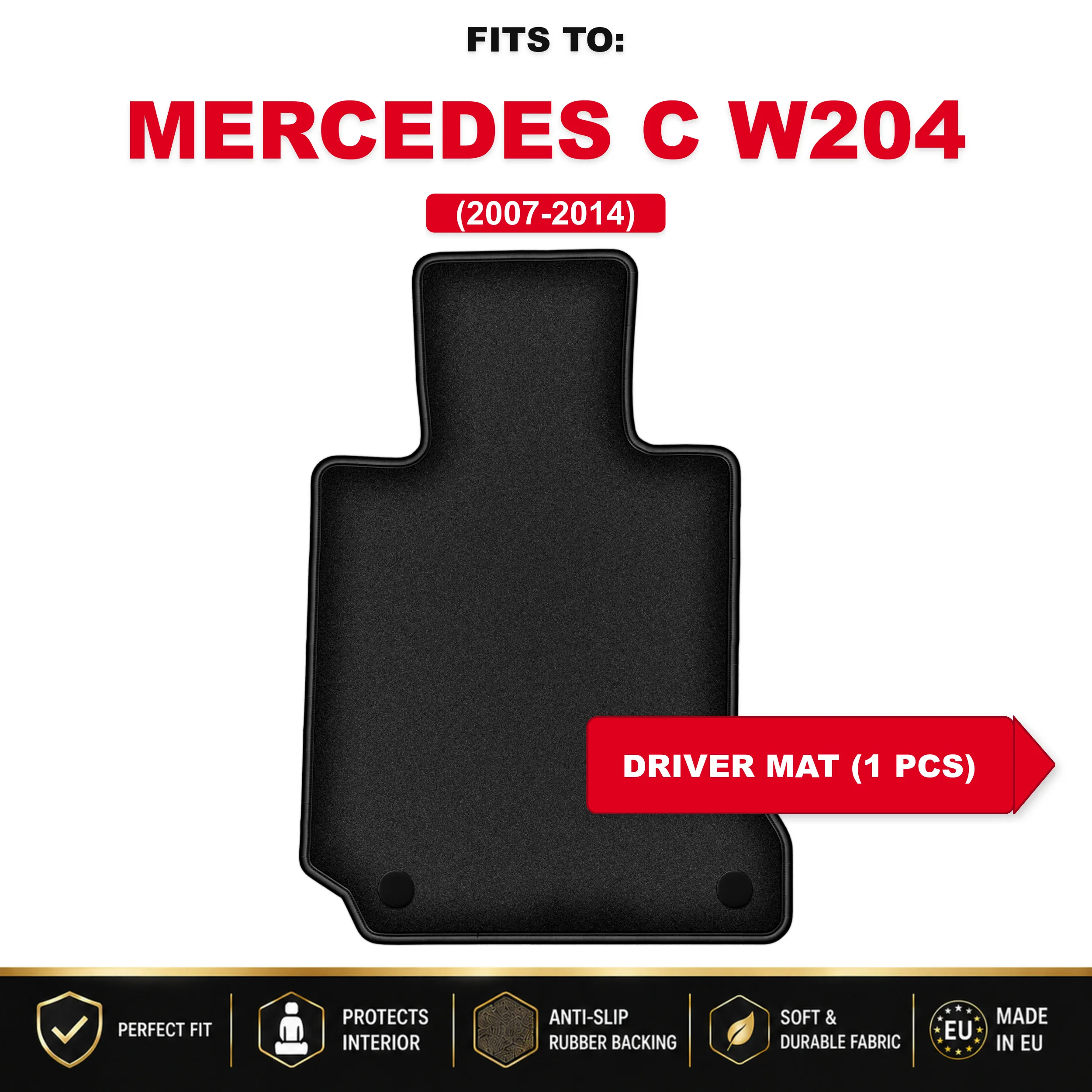 Zwart velours bestuurderskleed voor: Mercedes C W204 2007-2014 autovloermat 1 stuk onder bestuurdersbeen passend