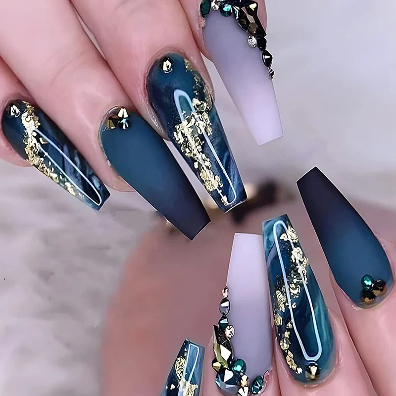 24pcs Extra Long Acrylic Fake Nails False Nails with Glue Luxury Presss on Nail with Rhinestone Blue Gold Glitter Reusable Woman